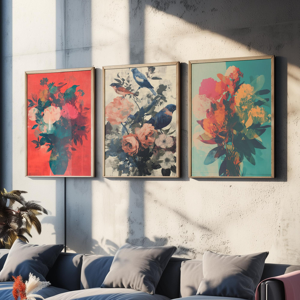 Floral and Birds Set of Three Art Prints - 3 Screen Print Bouquet Posters - Retro Botanical Wall Art Gift Illustration Bird