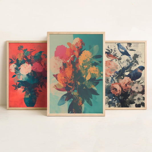 Floral and Birds Set of Three Art Prints - 3 Screen Print Bouquet Posters - Retro Botanical Wall Art Gift Illustration Bird