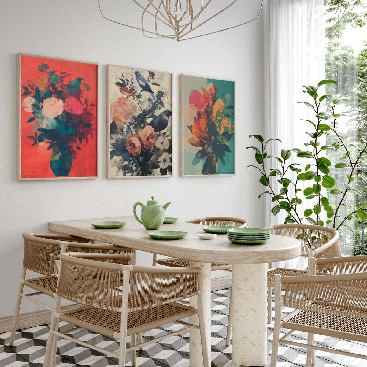 Floral and Birds Set of Three Art Prints - 3 Screen Print Bouquet Posters - Retro Botanical Wall Art Gift Illustration Bird