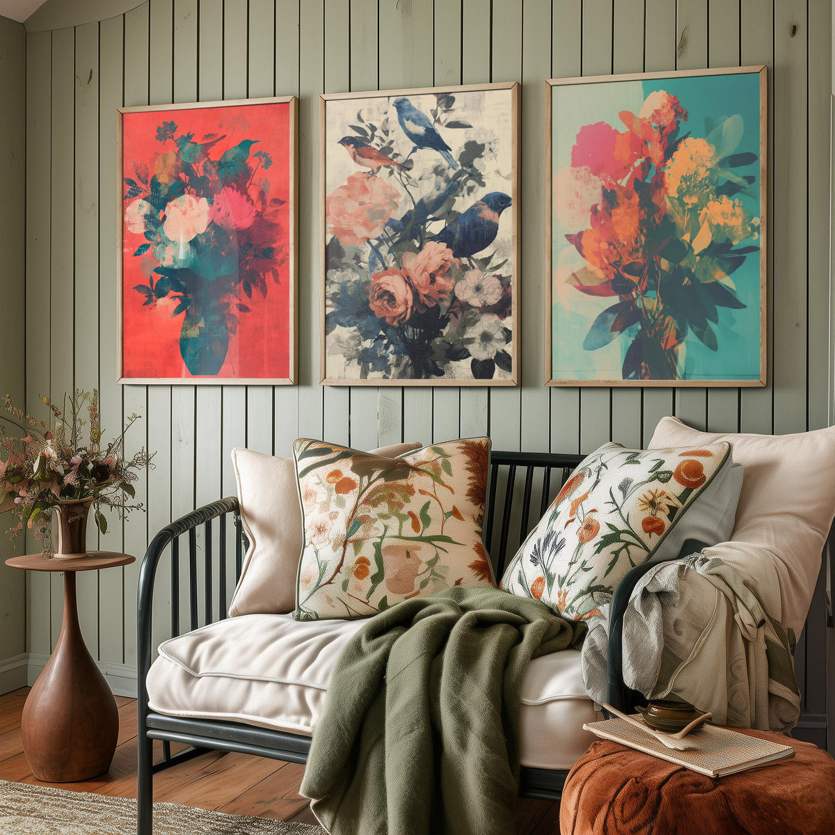 Floral and Birds Set of Three Art Prints - 3 Screen Print Bouquet Posters - Retro Botanical Wall Art Gift Illustration Bird