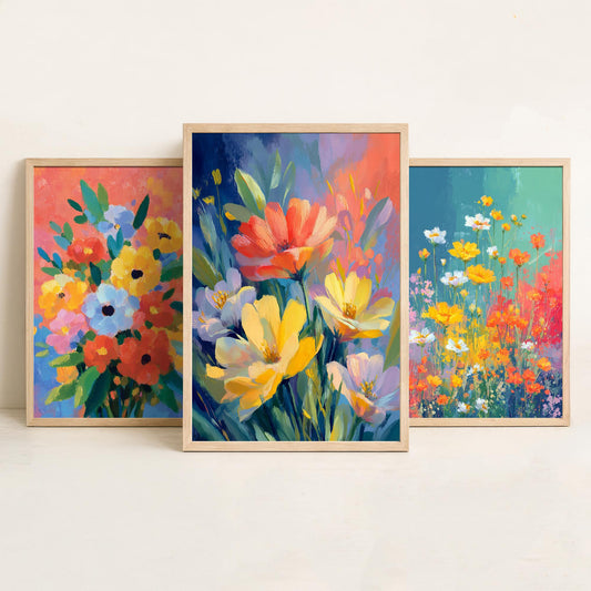 Floral Set of Three Art Prints - 3 Impressionist Flower Posters - Bright Painterly Botanical Wall Art Gift Painting Bouquet
