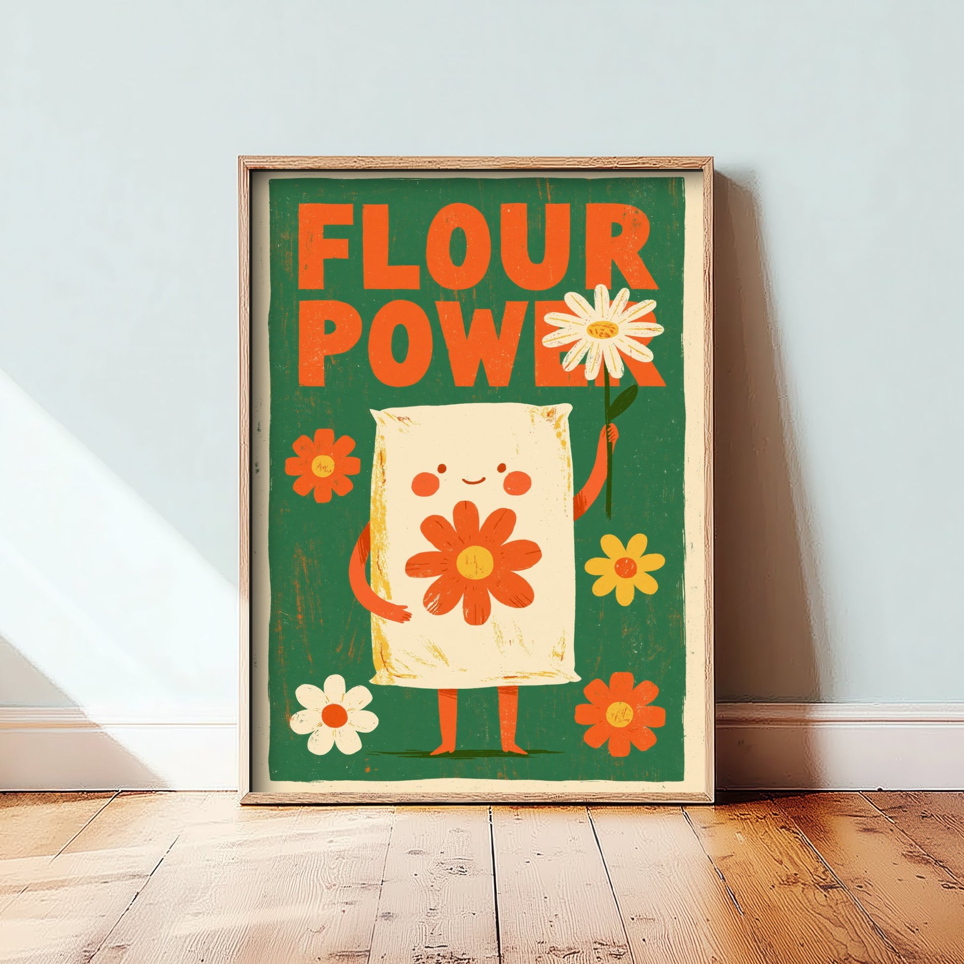 Flour Power Art Print - Funny Flour Sack Kitchen Poster - Retro Baking Pun Illustration