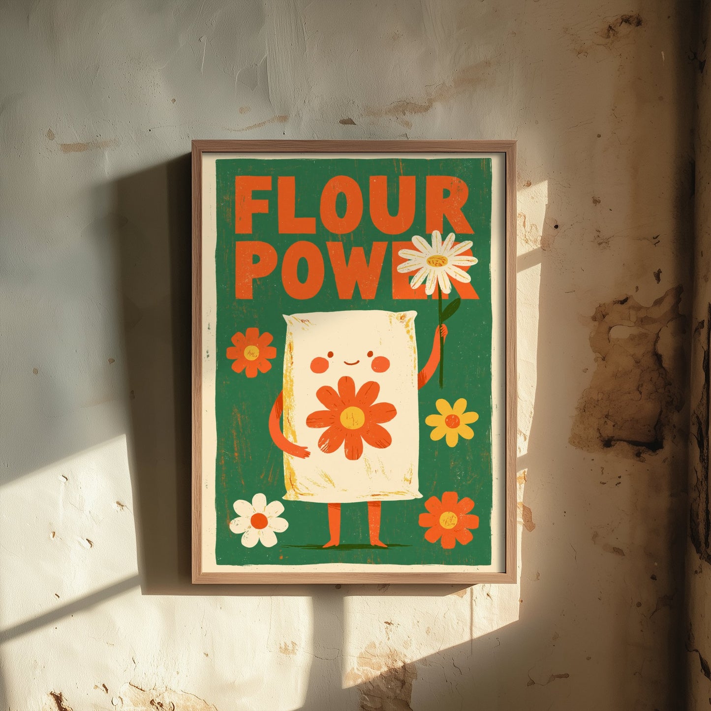 Flour Power Art Print - Funny Flour Sack Kitchen Poster - Retro Baking Pun Illustration