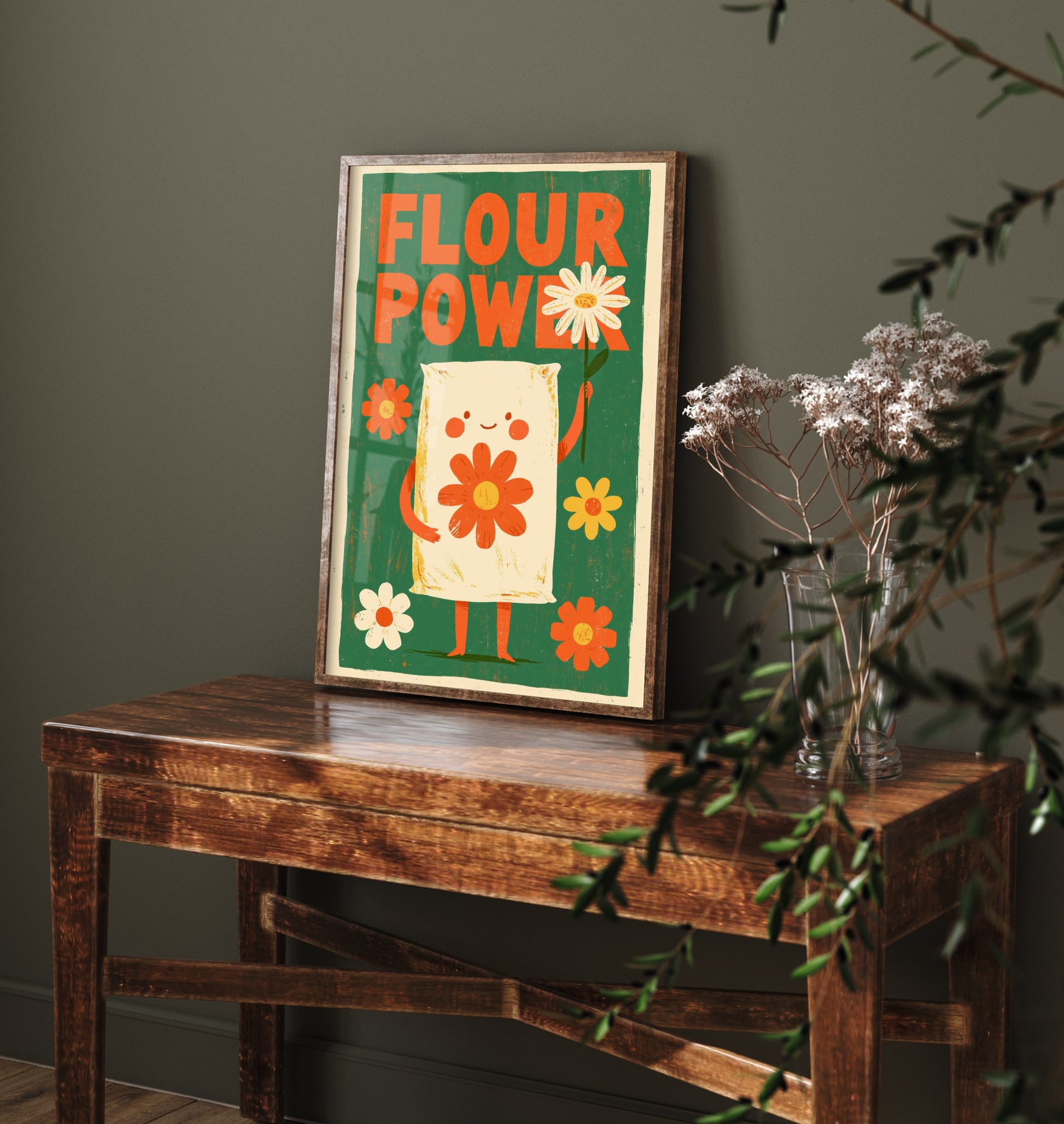 Flour Power Art Print - Funny Flour Sack Kitchen Poster - Retro Baking Pun Illustration