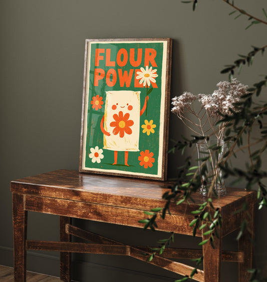 Flour Power Art Print - Funny Flour Sack Kitchen Poster - Retro Baking Pun Illustration