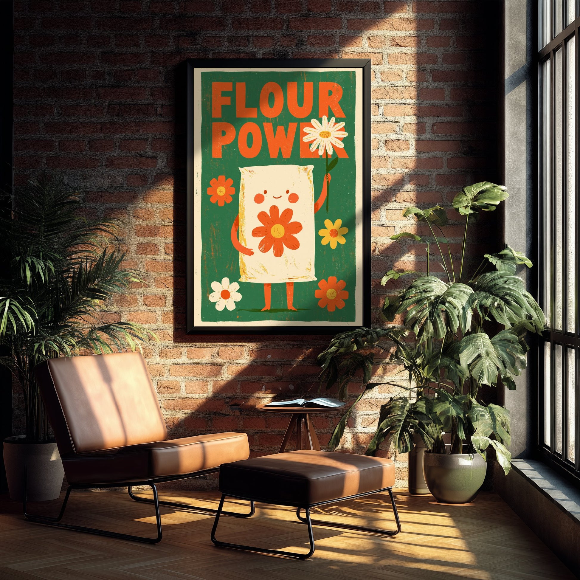 Flour Power Art Print - Funny Flour Sack Kitchen Poster - Retro Baking Pun Illustration