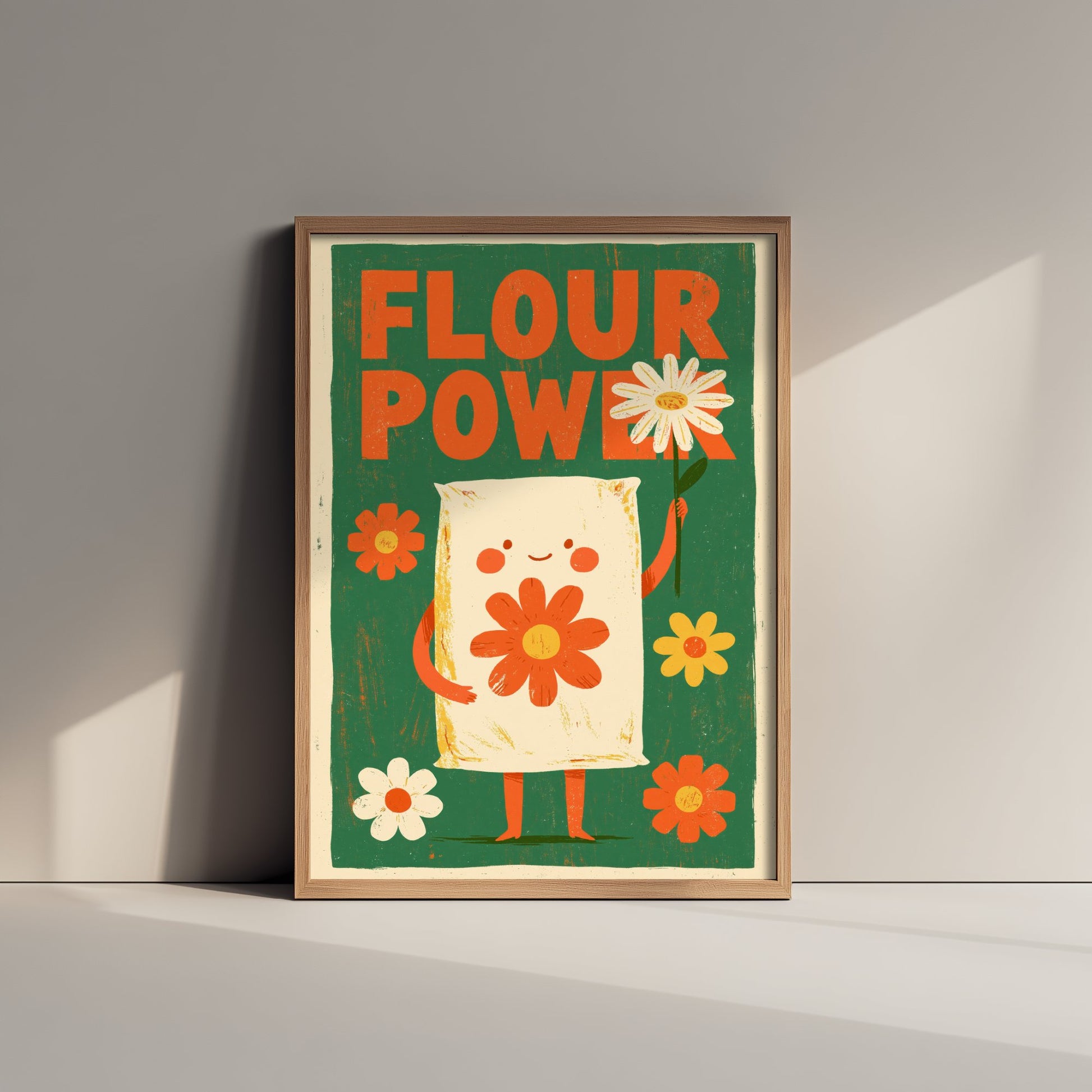 Flour Power Art Print - Funny Flour Sack Kitchen Poster - Retro Baking Pun Illustration