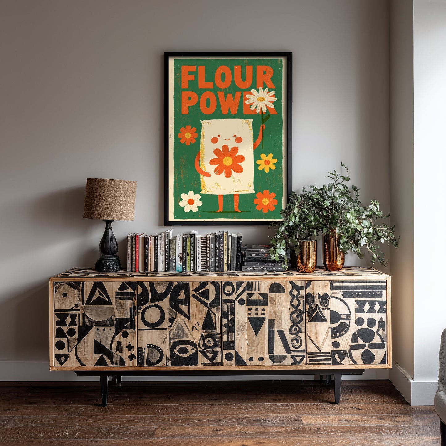 Flour Power Art Print - Funny Flour Sack Kitchen Poster - Retro Baking Pun Illustration