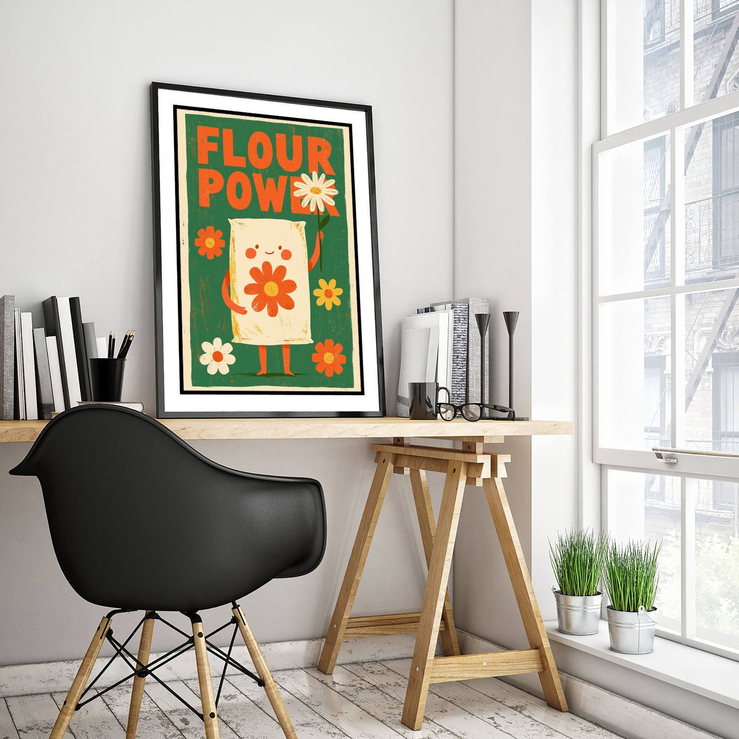 Flour Power Art Print - Funny Flour Sack Kitchen Poster - Retro Baking Pun Illustration