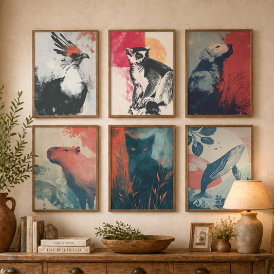 Set of Six Flow Animal Art Prints - 6 Retro Screen Print Posters - Secretary Bird, Lemur, Dog, Capybara, Cat, Whale Illustration