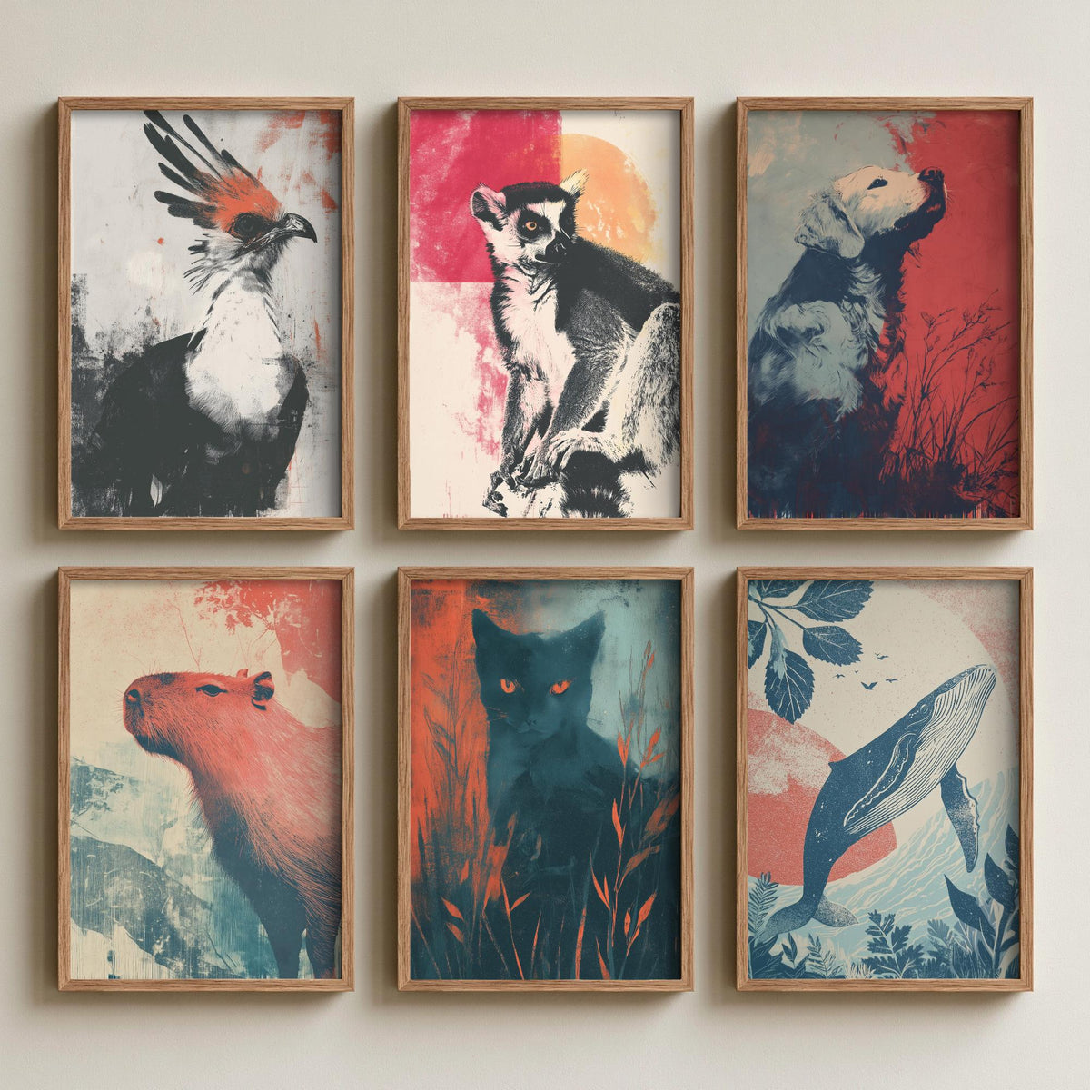 Set of Six Flow Animal Art Prints - 6 Retro Screen Print Posters - Secretary Bird, Lemur, Dog, Capybara, Cat, Whale Illustration