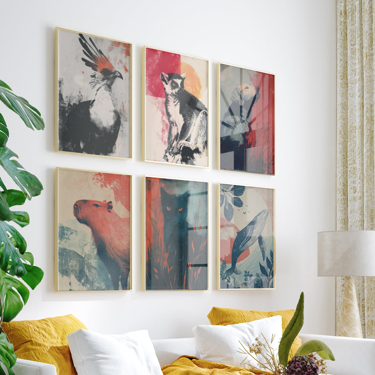 Set of Six Flow Animal Art Prints - 6 Retro Screen Print Posters - Secretary Bird, Lemur, Dog, Capybara, Cat, Whale Illustration