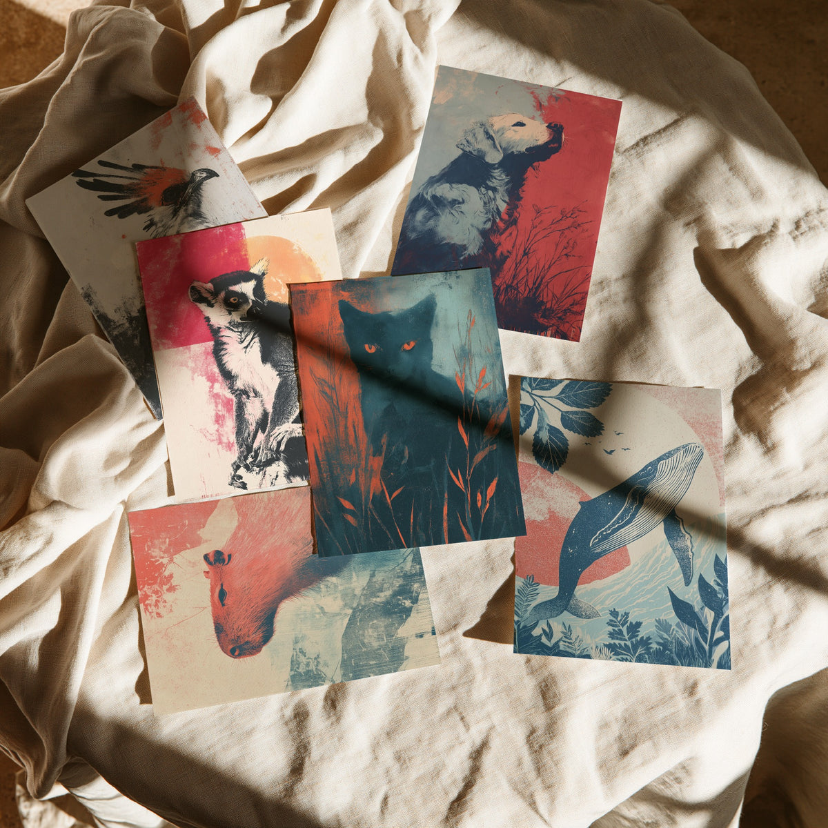 Set of Six Flow Animal Art Prints - 6 Retro Screen Print Posters - Secretary Bird, Lemur, Dog, Capybara, Cat, Whale Illustration