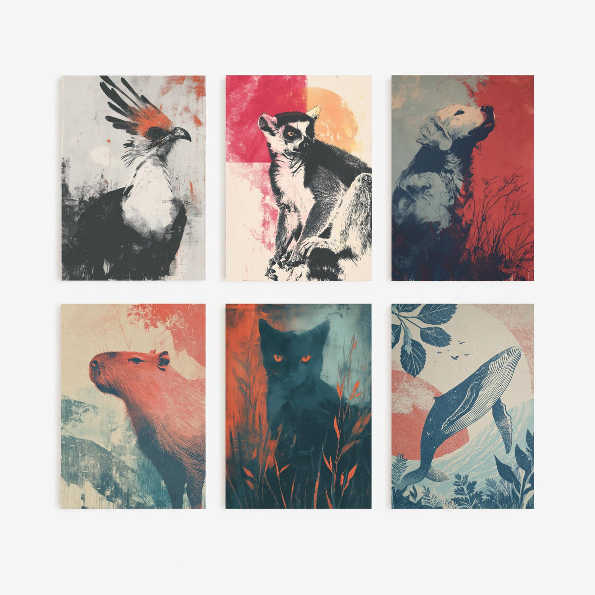 Set of Six Flow Animal Art Prints - 6 Retro Screen Print Posters - Secretary Bird, Lemur, Dog, Capybara, Cat, Whale Illustration