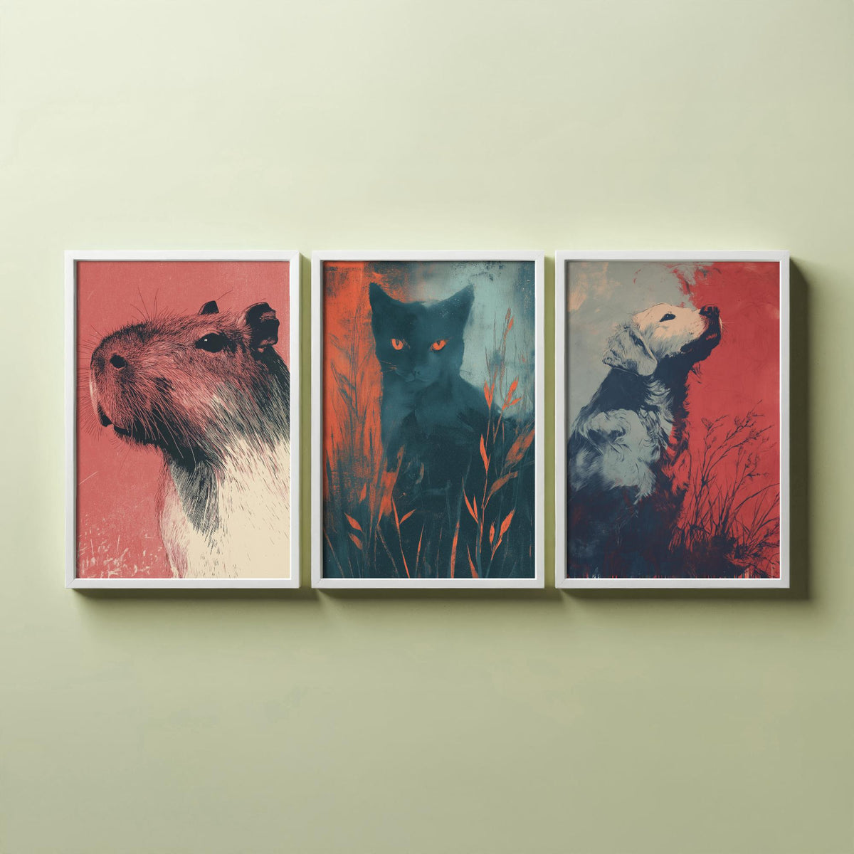 Flow Set of Three Art Prints - 3 Capybara Cat Dog Screen Print Posters - Retro Animal Wall Art Gift Illustration Riso