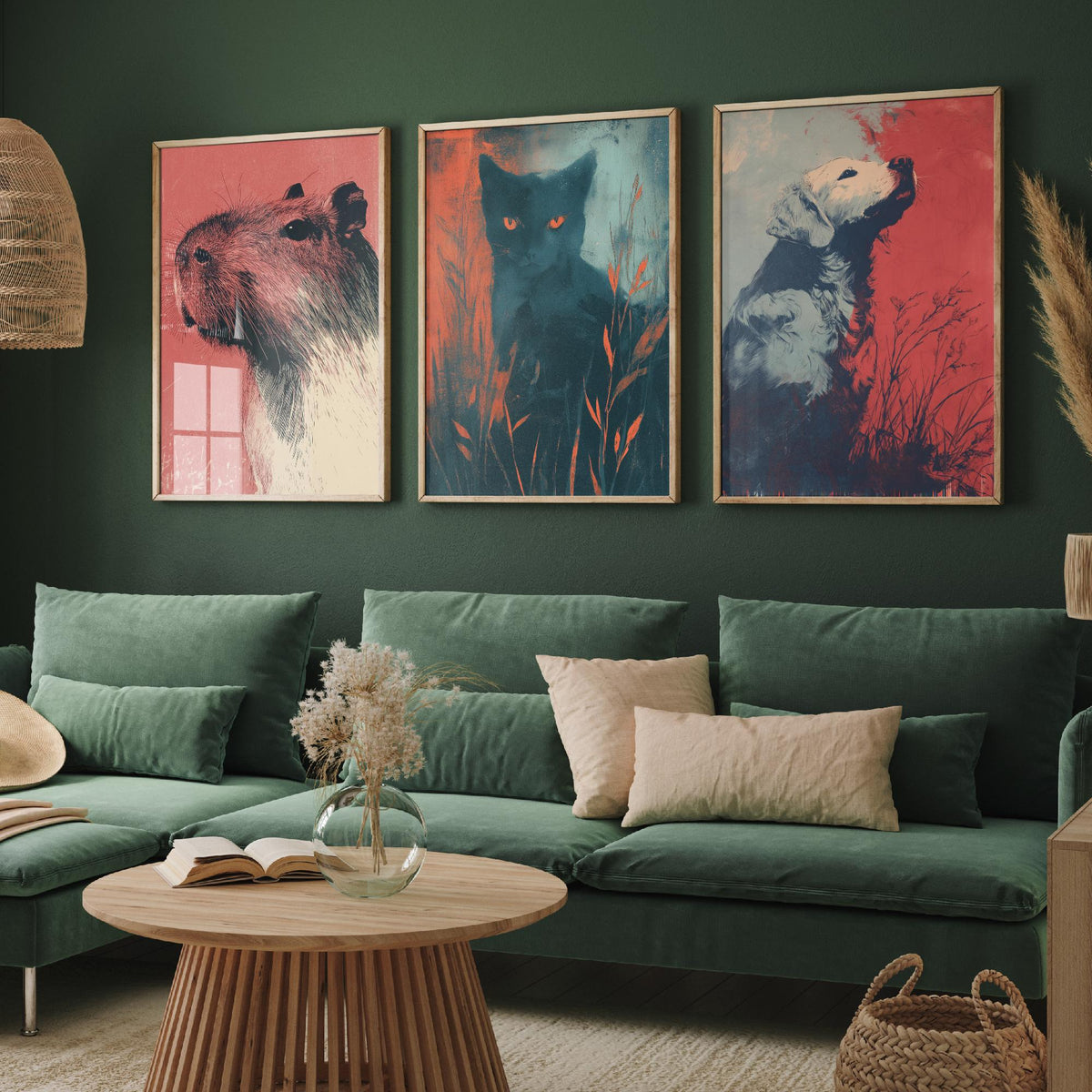 Flow Set of Three Art Prints - 3 Capybara Cat Dog Screen Print Posters - Retro Animal Wall Art Gift Illustration Riso