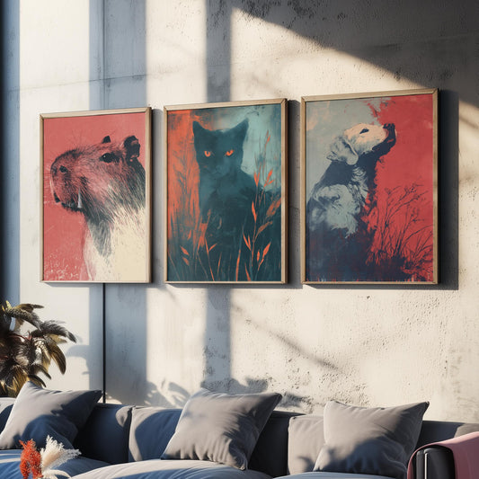Flow Set of Three Art Prints - 3 Capybara Cat Dog Screen Print Posters - Retro Animal Wall Art Gift Illustration Riso