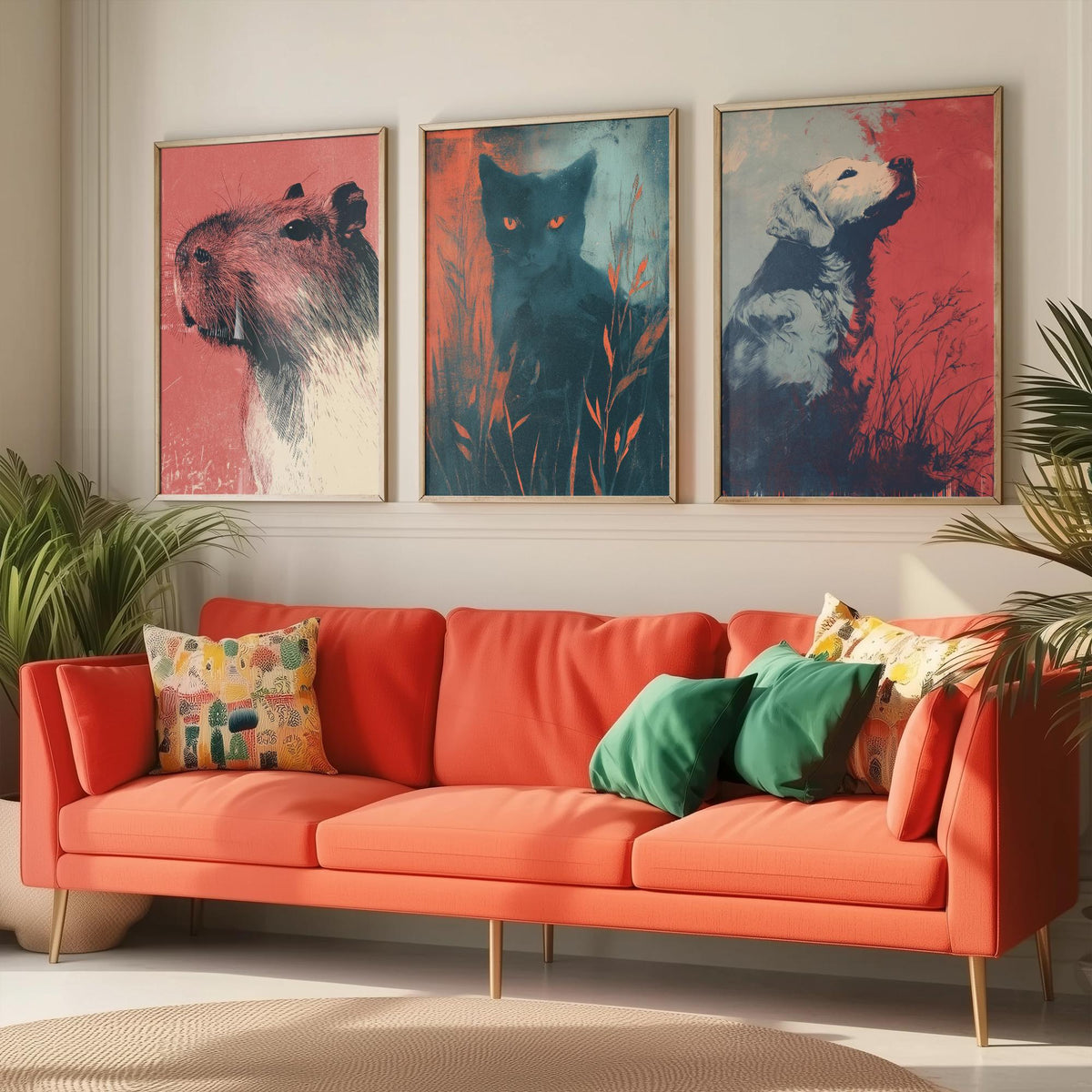 Flow Set of Three Art Prints - 3 Capybara Cat Dog Screen Print Posters - Retro Animal Wall Art Gift Illustration Riso