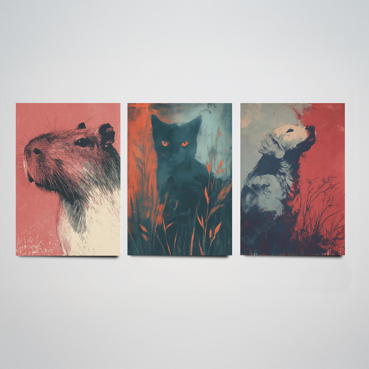 Flow Set of Three Art Prints - 3 Capybara Cat Dog Screen Print Posters - Retro Animal Wall Art Gift Illustration Riso
