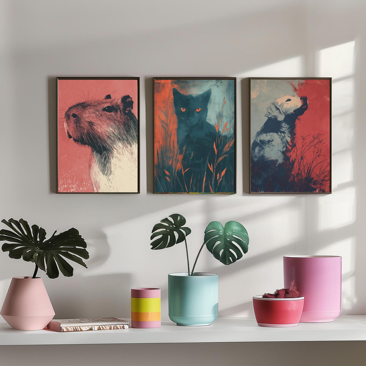 Flow Set of Three Art Prints - 3 Capybara Cat Dog Screen Print Posters - Retro Animal Wall Art Gift Illustration Riso