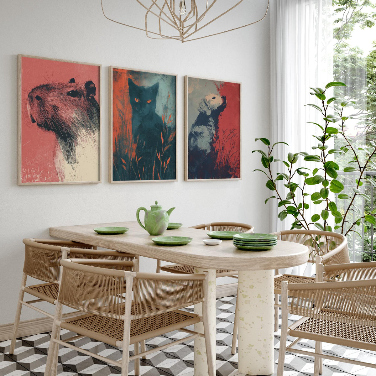 Flow Set of Three Art Prints - 3 Capybara Cat Dog Screen Print Posters - Retro Animal Wall Art Gift Illustration Riso
