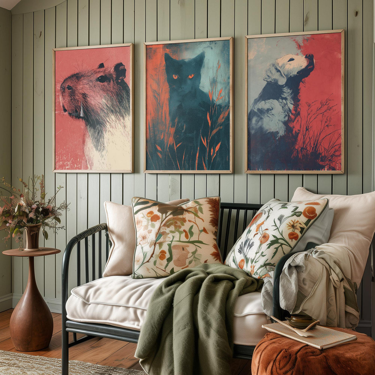 Flow Set of Three Art Prints - 3 Capybara Cat Dog Screen Print Posters - Retro Animal Wall Art Gift Illustration Riso