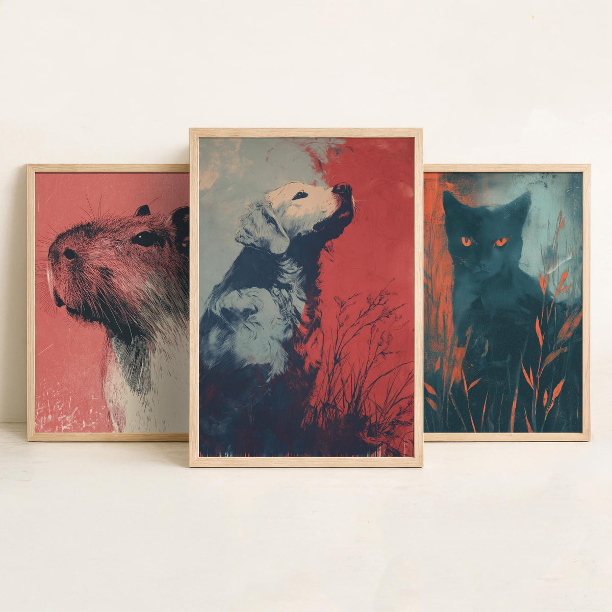 Flow Set of Three Art Prints - 3 Capybara Cat Dog Screen Print Posters - Retro Animal Wall Art Gift Illustration Riso