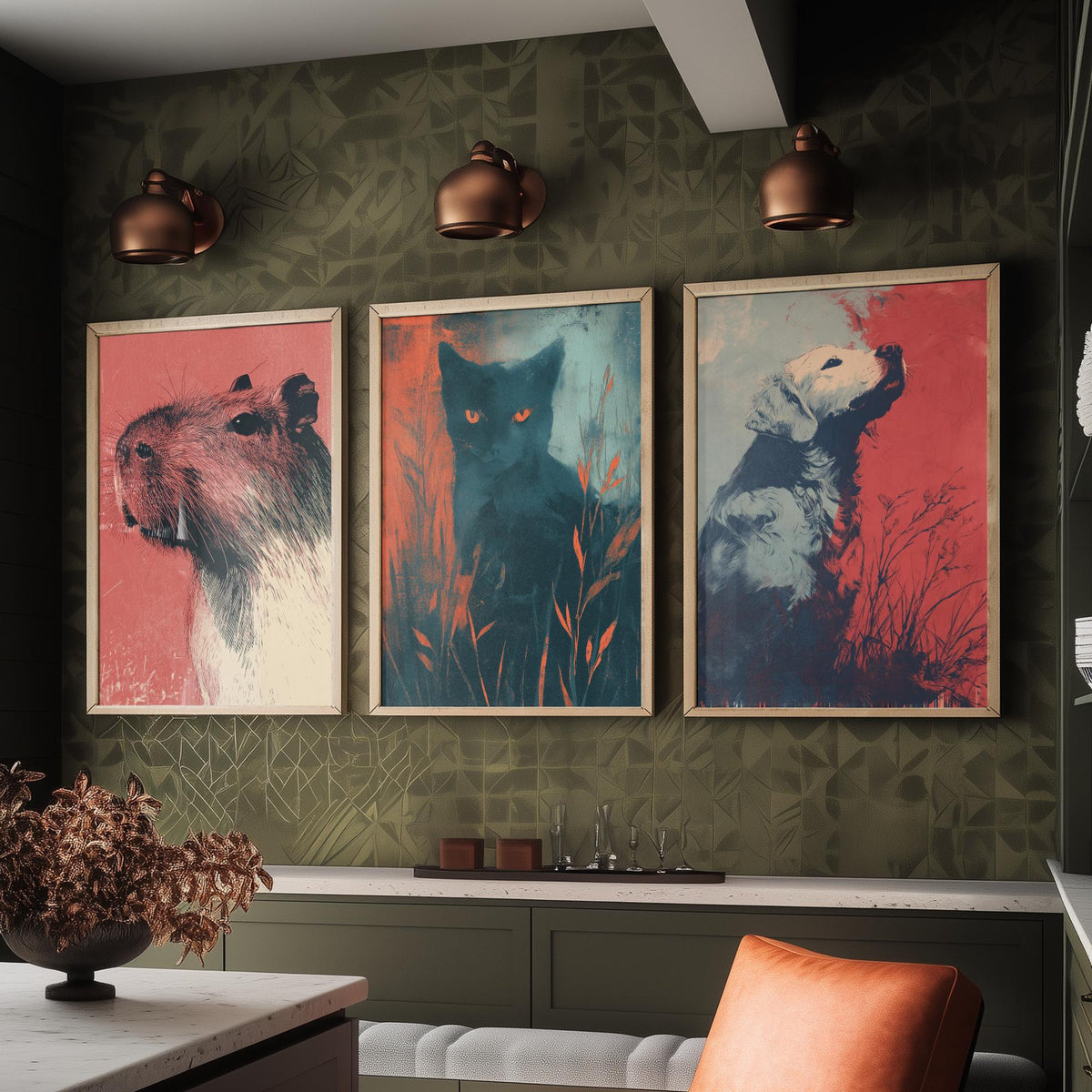 Flow Set of Three Art Prints - 3 Capybara Cat Dog Screen Print Posters - Retro Animal Wall Art Gift Illustration Riso