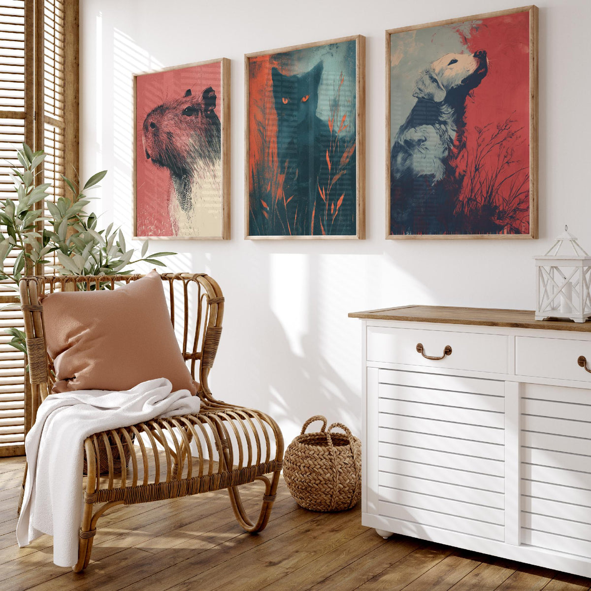 Flow Set of Three Art Prints - 3 Capybara Cat Dog Screen Print Posters - Retro Animal Wall Art Gift Illustration Riso