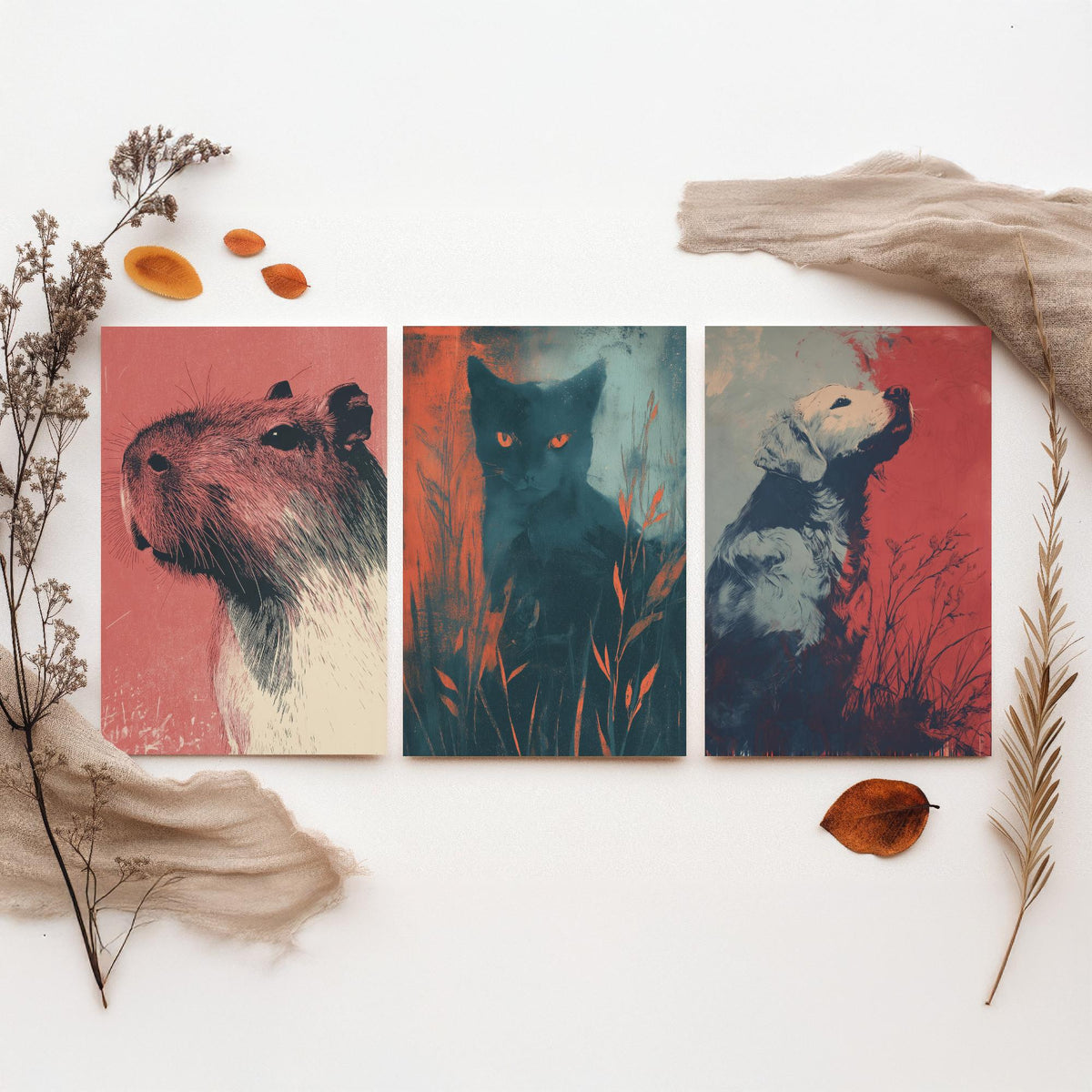 Flow Set of Three Art Prints - 3 Capybara Cat Dog Screen Print Posters - Retro Animal Wall Art Gift Illustration Riso