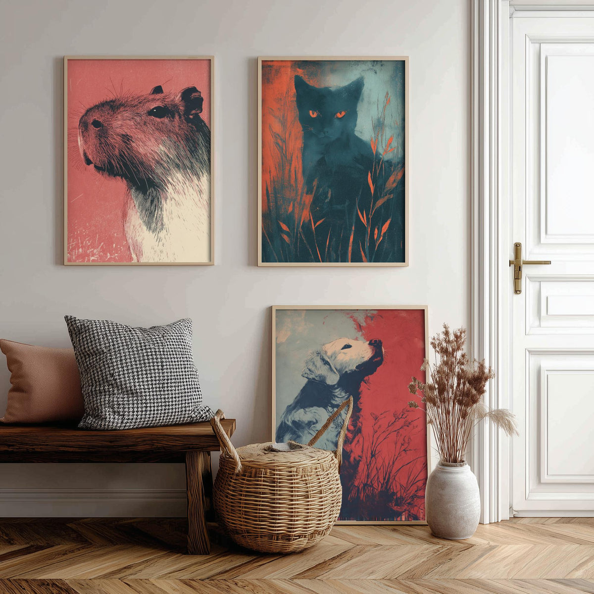 Flow Set of Three Art Prints - 3 Capybara Cat Dog Screen Print Posters - Retro Animal Wall Art Gift Illustration Riso