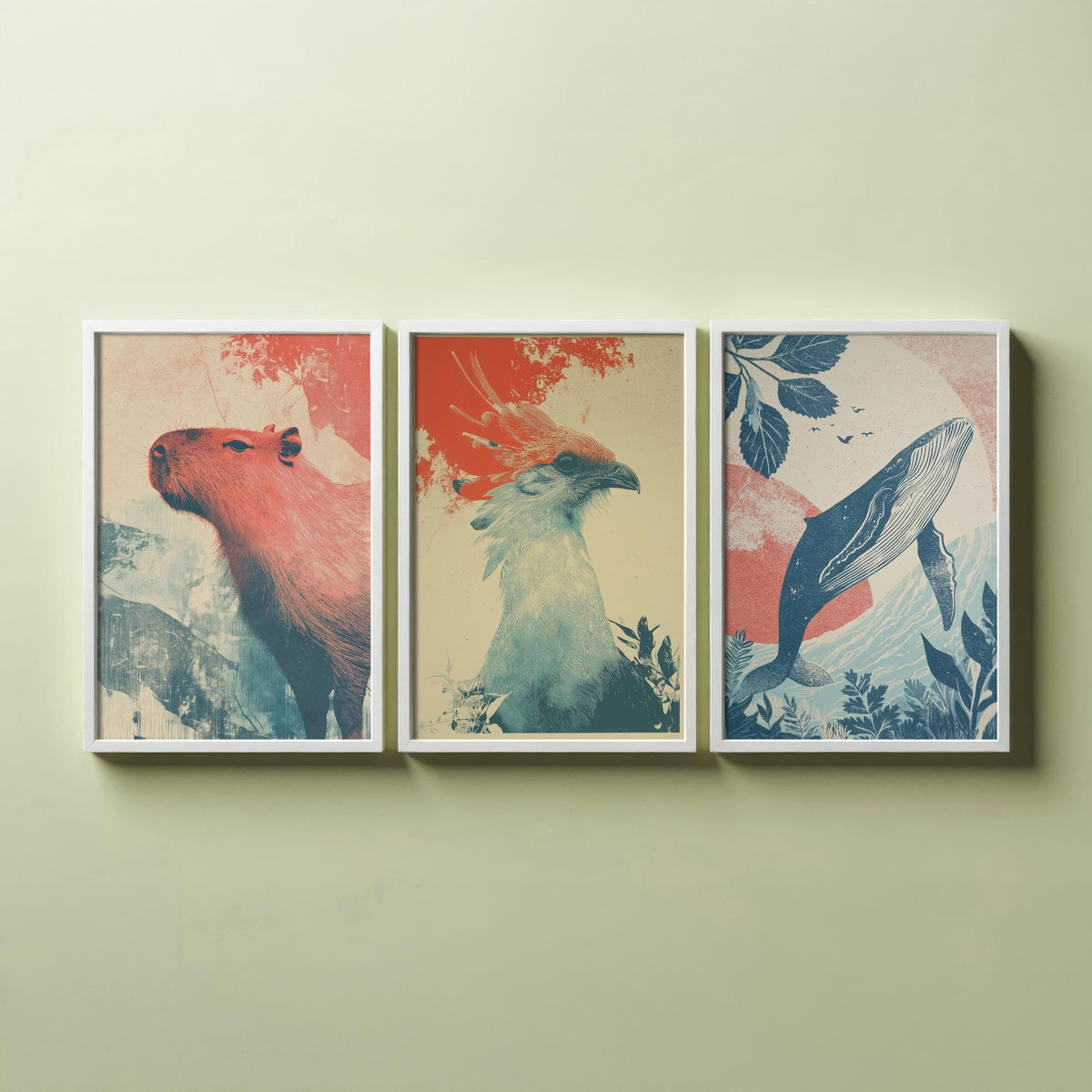 Flow Set of Three Art Prints - 3 Capybara Secretary Bird Whale Screen Print Posters - Retro Animal Wall Art Gift Illustration