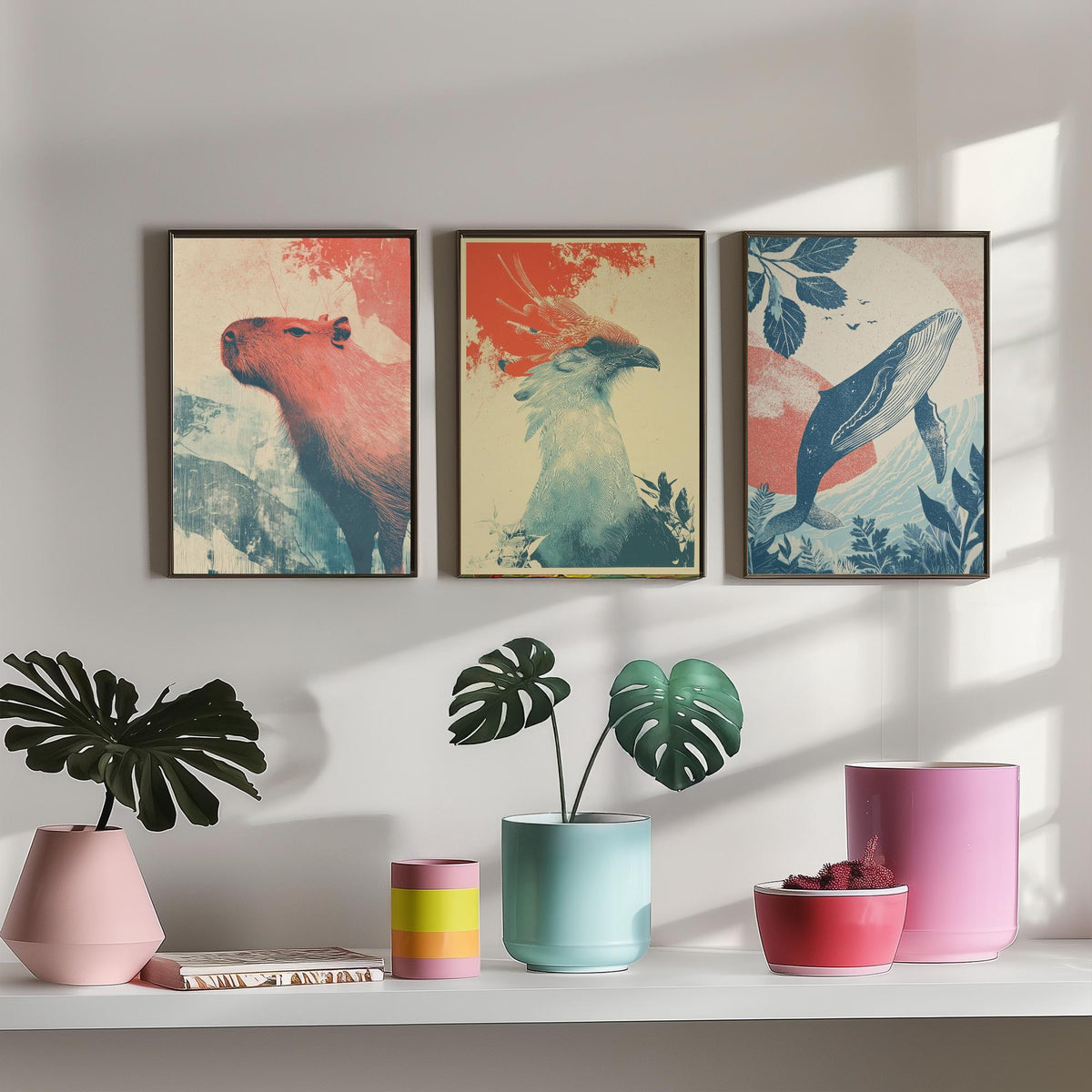 Flow Set of Three Art Prints - 3 Capybara Secretary Bird Whale Screen Print Posters - Retro Animal Wall Art Gift Illustration