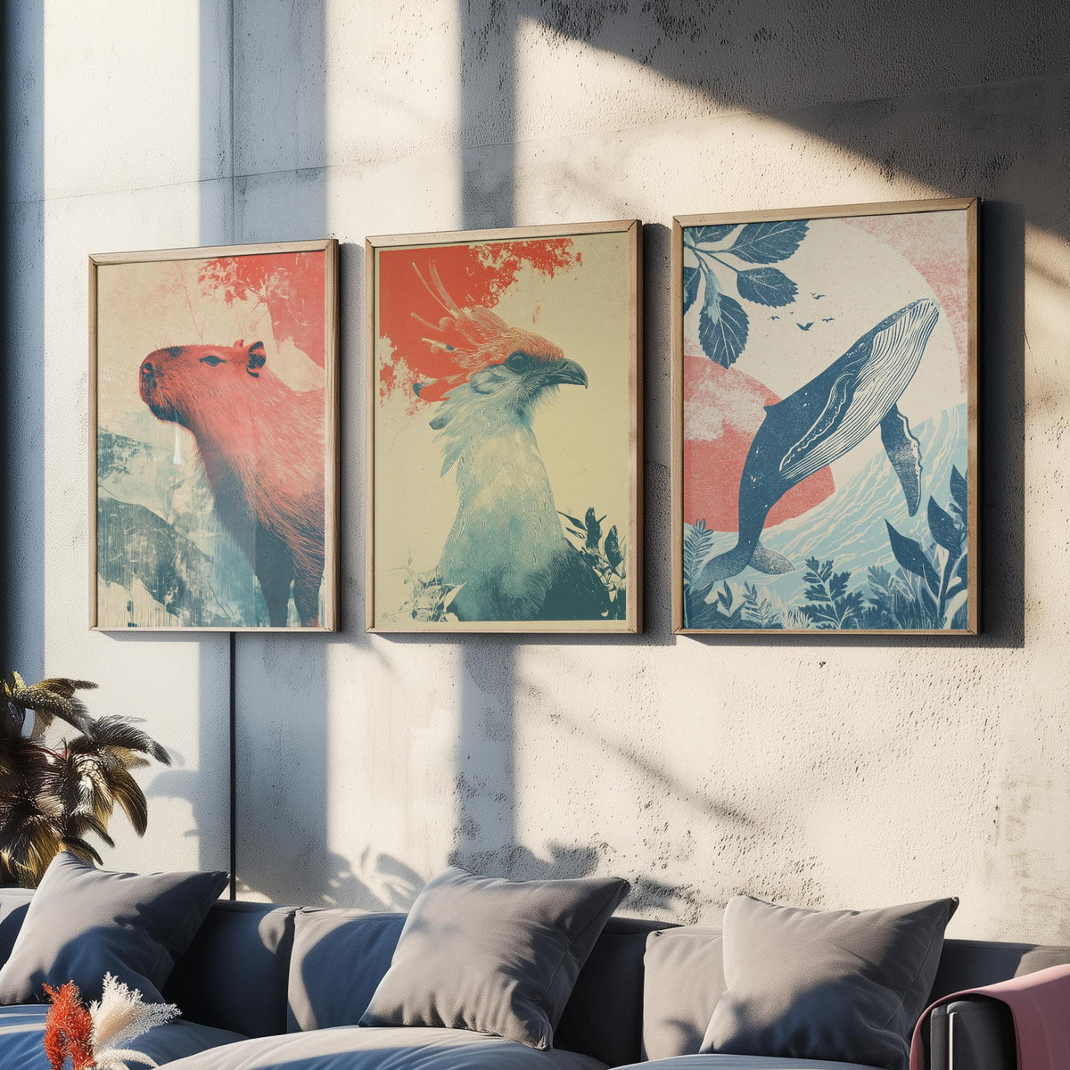 Flow Set of Three Art Prints - 3 Capybara Secretary Bird Whale Screen Print Posters - Retro Animal Wall Art Gift Illustration