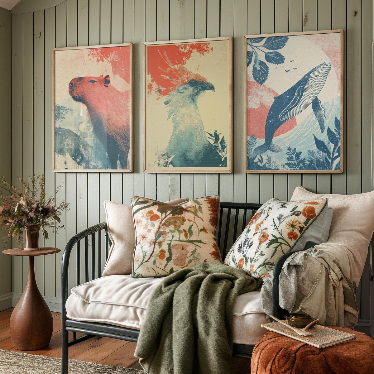 Flow Set of Three Art Prints - 3 Capybara Secretary Bird Whale Screen Print Posters - Retro Animal Wall Art Gift Illustration