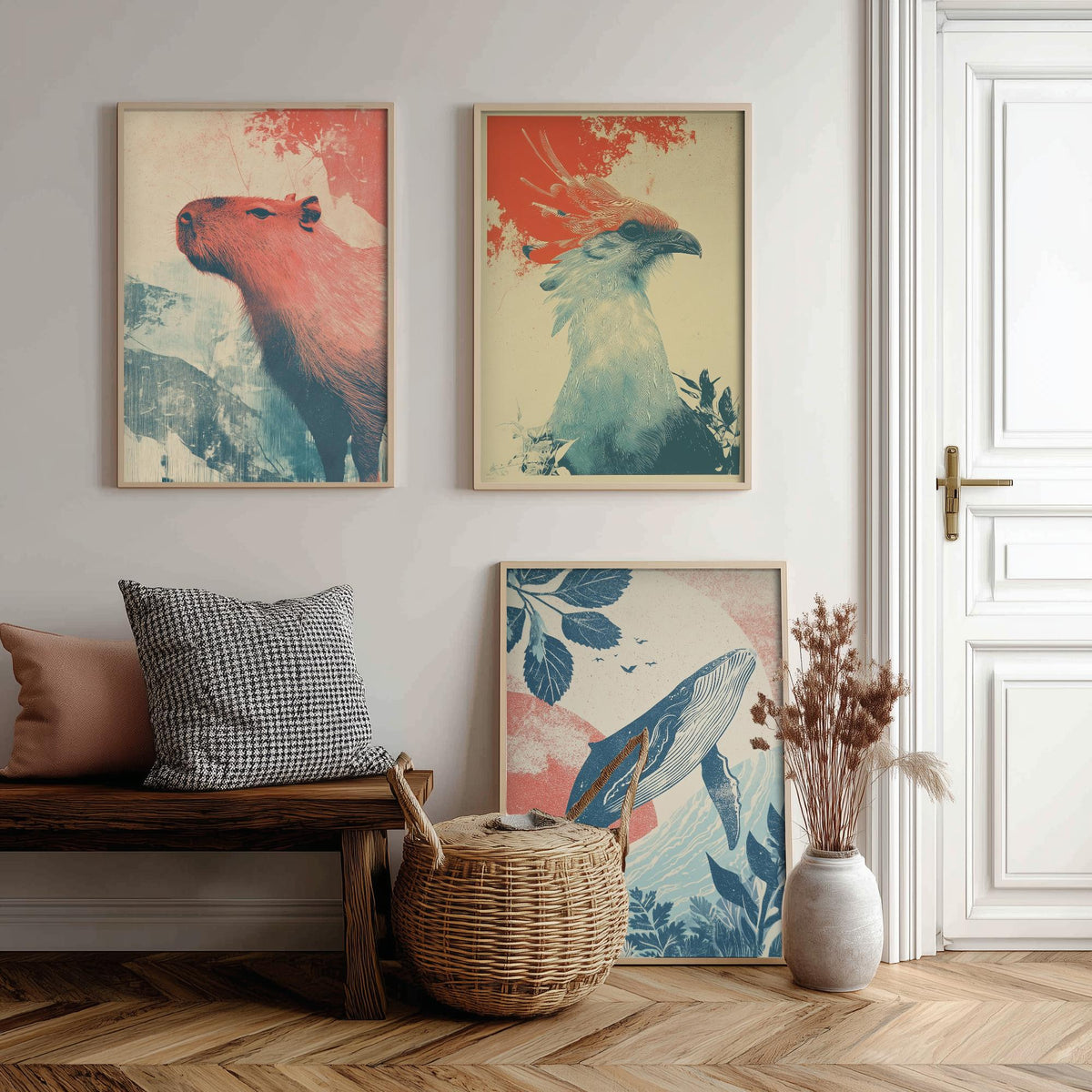 Flow Set of Three Art Prints - 3 Capybara Secretary Bird Whale Screen Print Posters - Retro Animal Wall Art Gift Illustration