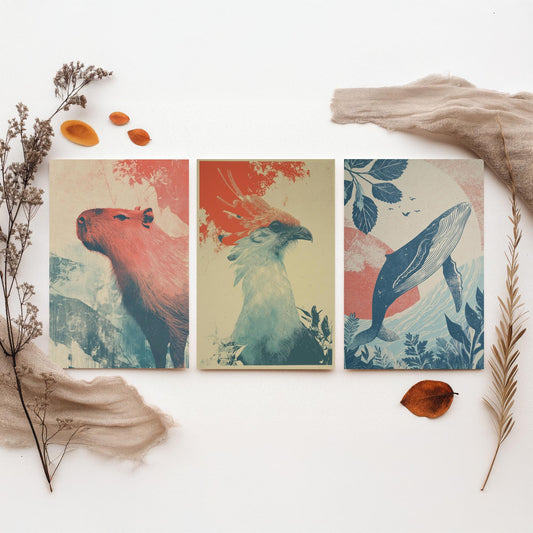 Flow Set of Three Art Prints - 3 Capybara Secretary Bird Whale Screen Print Posters - Retro Animal Wall Art Gift Illustration