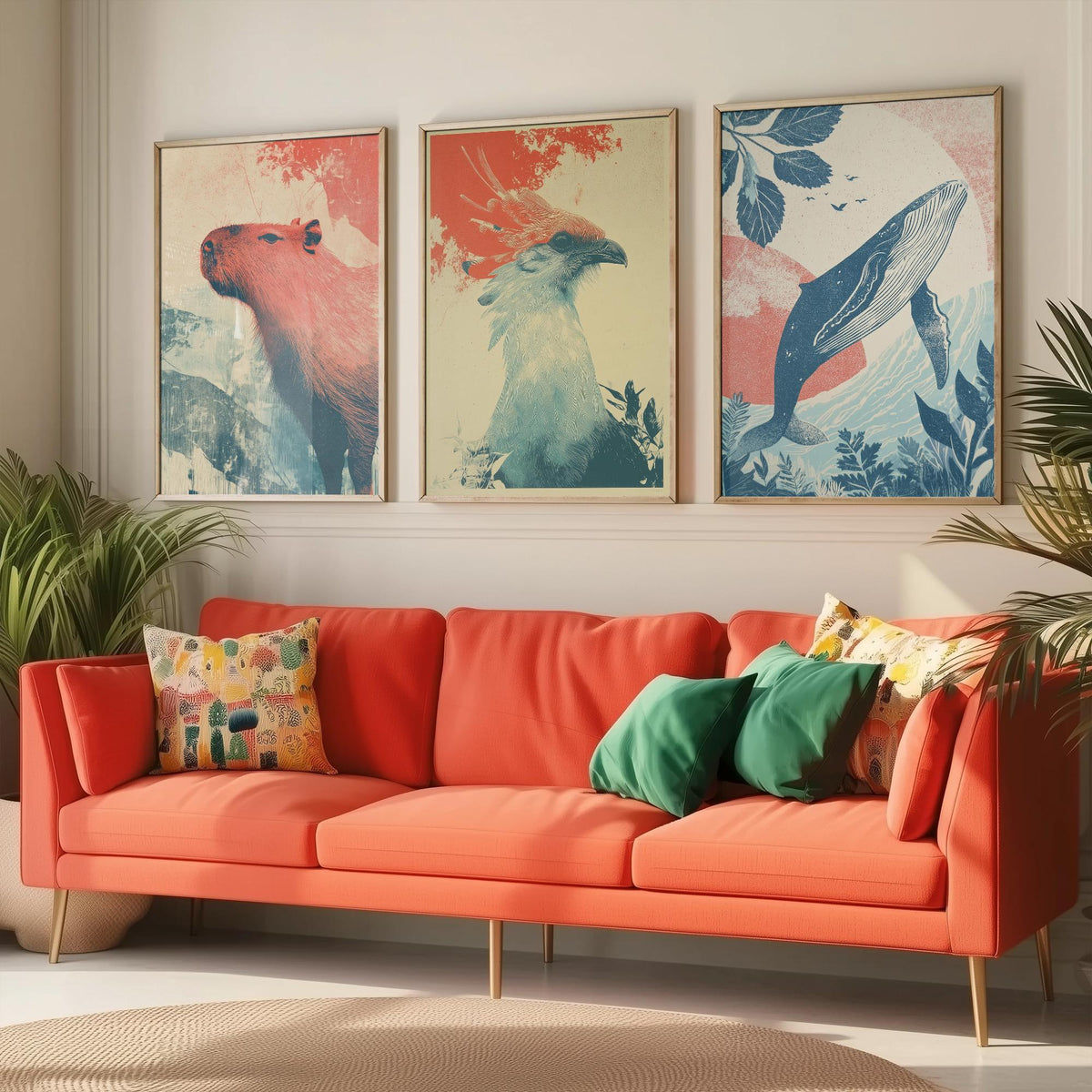 Flow Set of Three Art Prints - 3 Capybara Secretary Bird Whale Screen Print Posters - Retro Animal Wall Art Gift Illustration