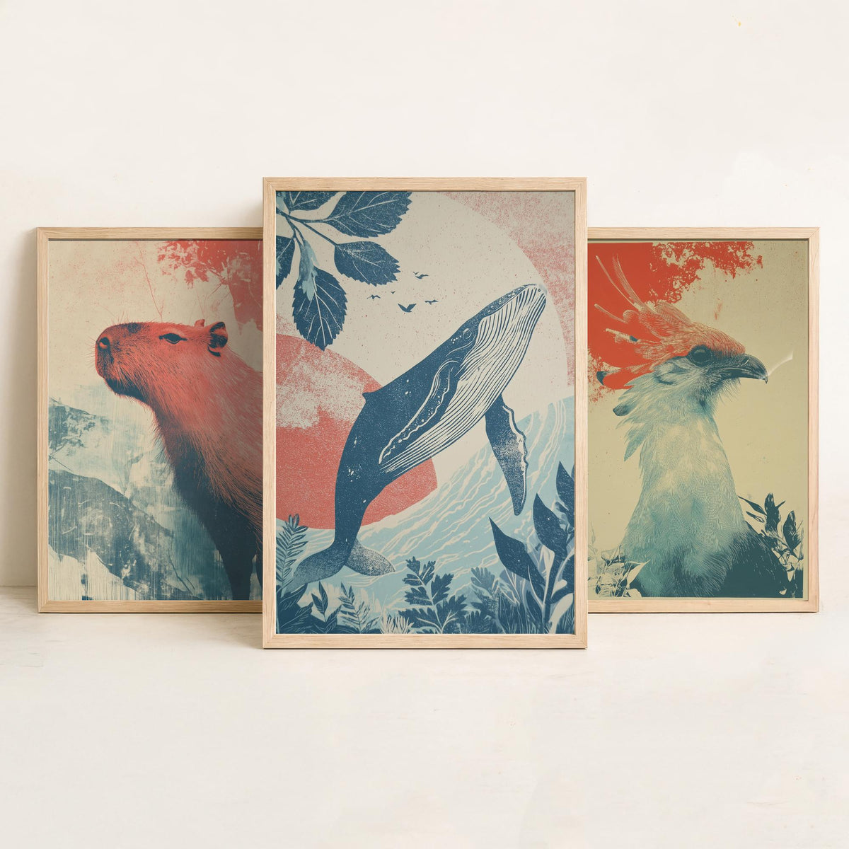 Flow Set of Three Art Prints - 3 Capybara Secretary Bird Whale Screen Print Posters - Retro Animal Wall Art Gift Illustration