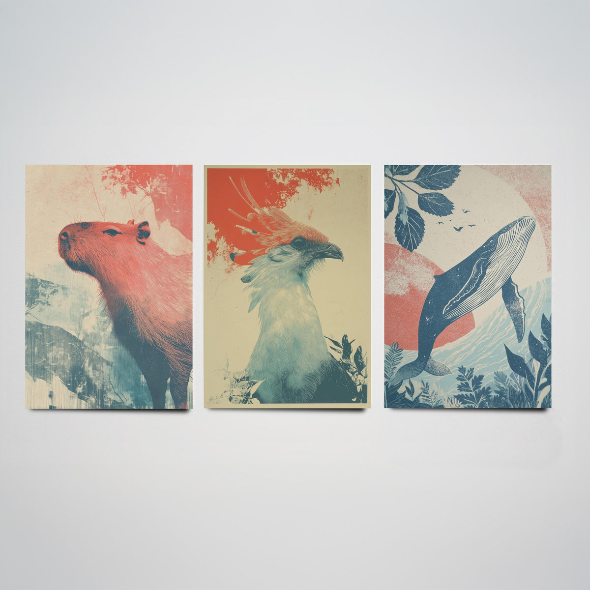 Flow Set of Three Art Prints - 3 Capybara Secretary Bird Whale Screen Print Posters - Retro Animal Wall Art Gift Illustration