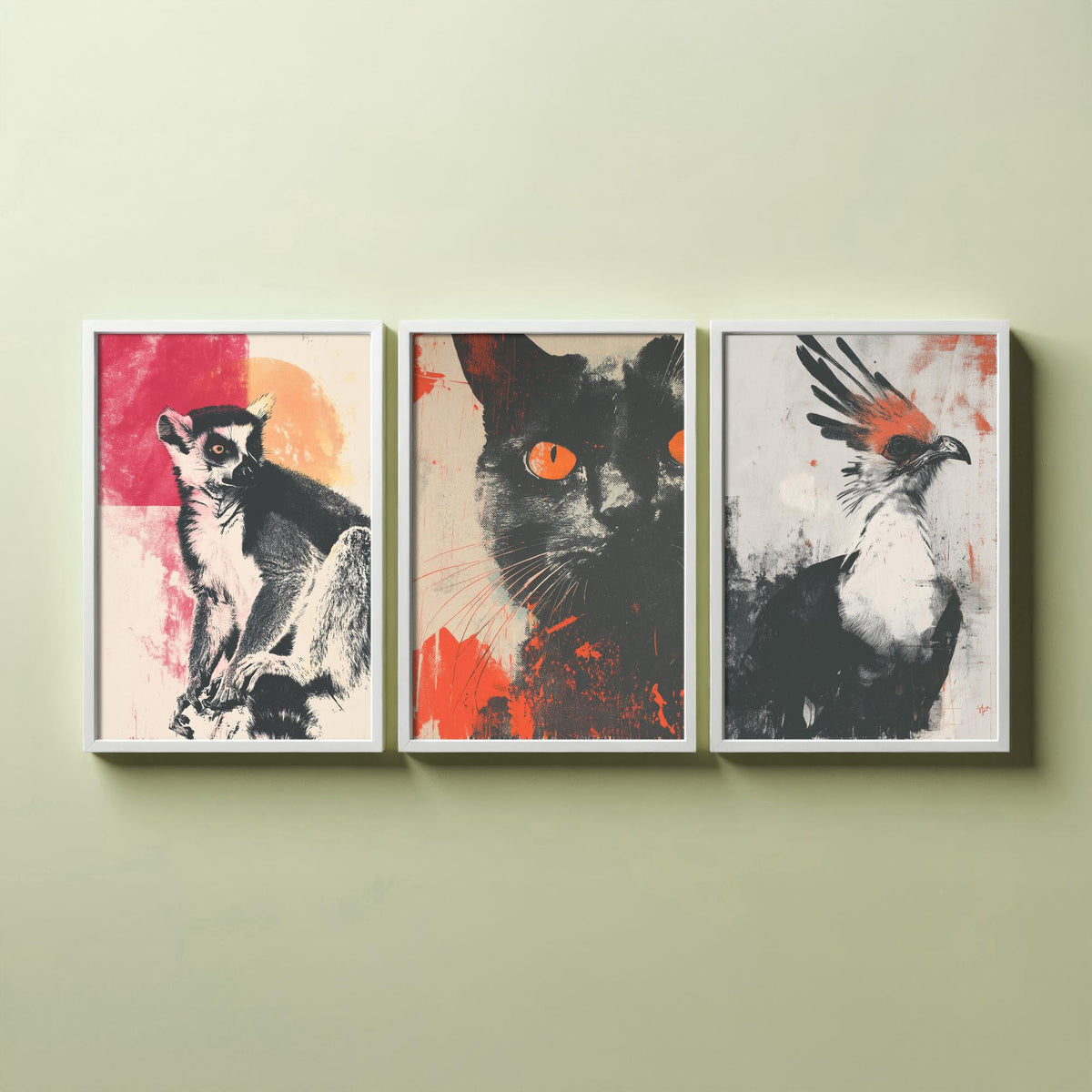 Flow Set of Three Art Prints - 3 Lemur Cat Secretary Bird Screen Print Posters - Retro Animal Wall Art Gift Illustration