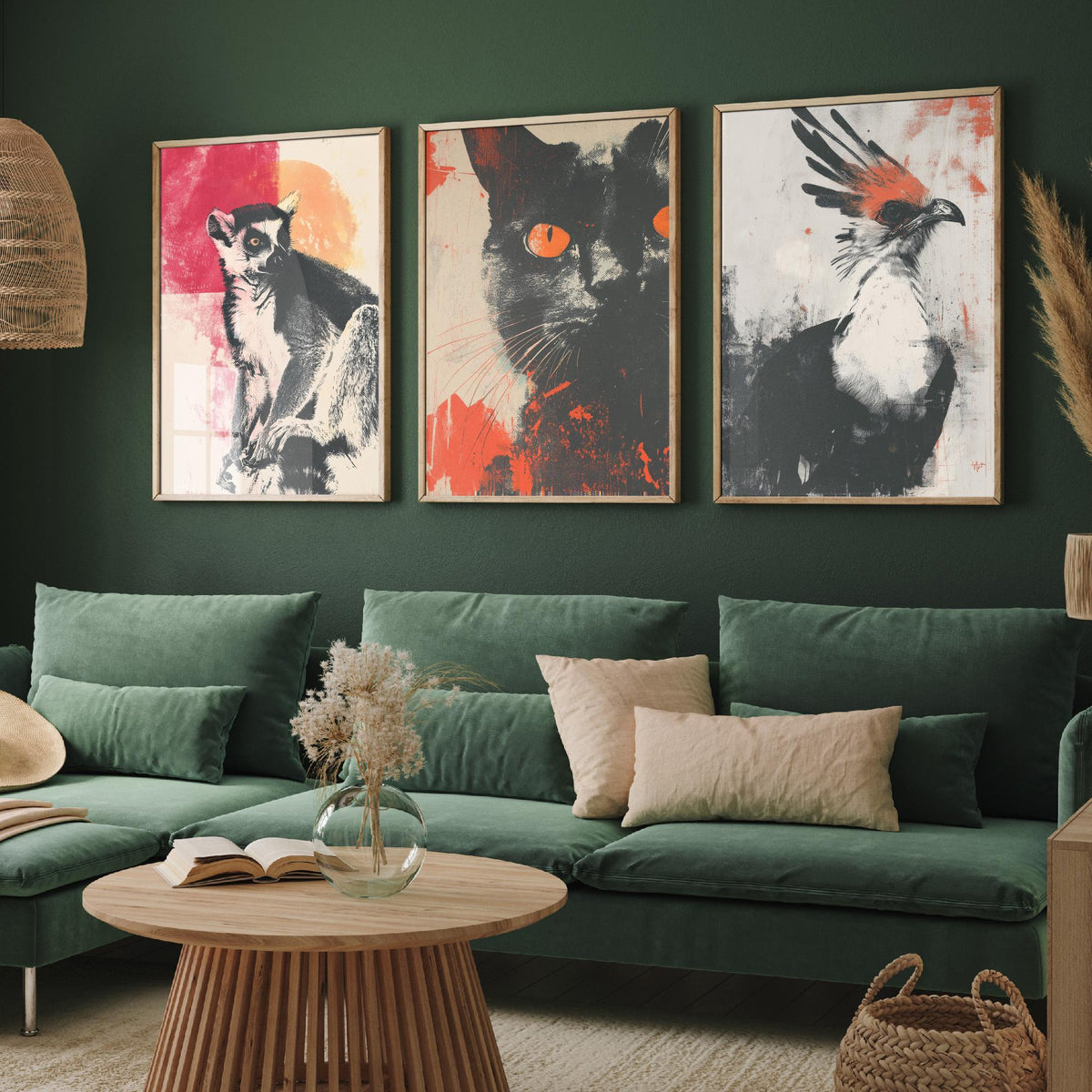 Flow Set of Three Art Prints - 3 Lemur Cat Secretary Bird Screen Print Posters - Retro Animal Wall Art Gift Illustration