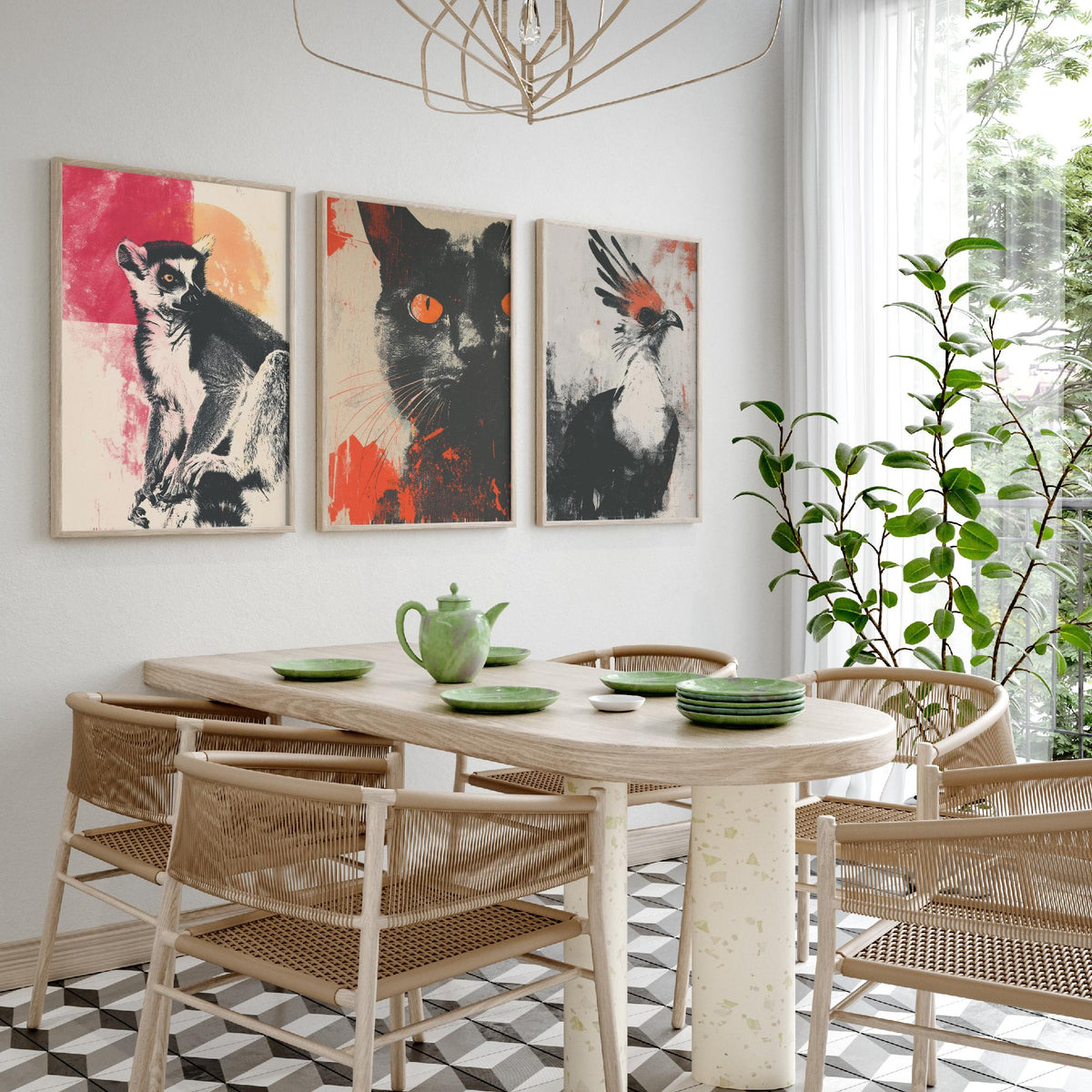 Flow Set of Three Art Prints - 3 Lemur Cat Secretary Bird Screen Print Posters - Retro Animal Wall Art Gift Illustration