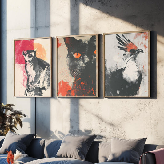Flow Set of Three Art Prints - 3 Lemur Cat Secretary Bird Screen Print Posters - Retro Animal Wall Art Gift Illustration