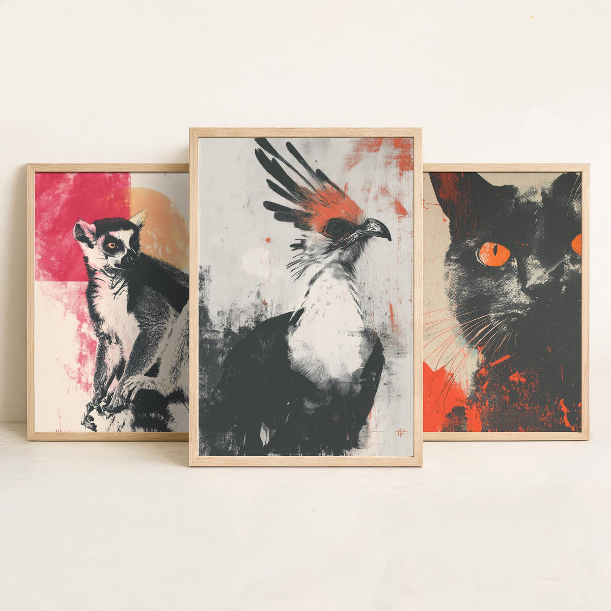 Flow Set of Three Art Prints - 3 Lemur Cat Secretary Bird Screen Print Posters - Retro Animal Wall Art Gift Illustration