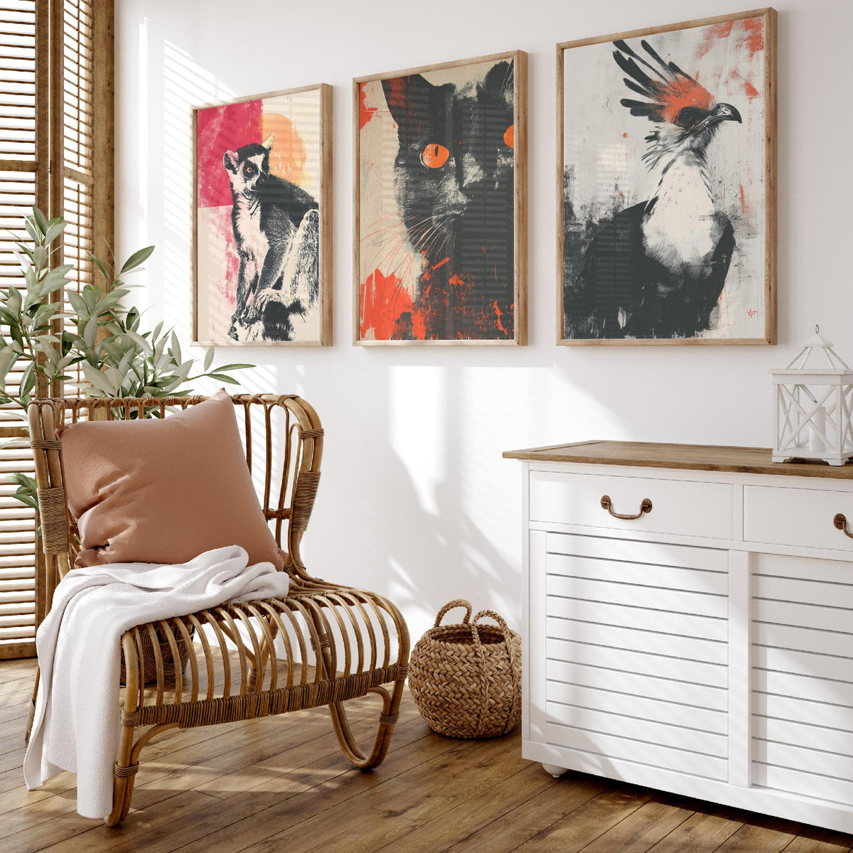 Flow Set of Three Art Prints - 3 Lemur Cat Secretary Bird Screen Print Posters - Retro Animal Wall Art Gift Illustration