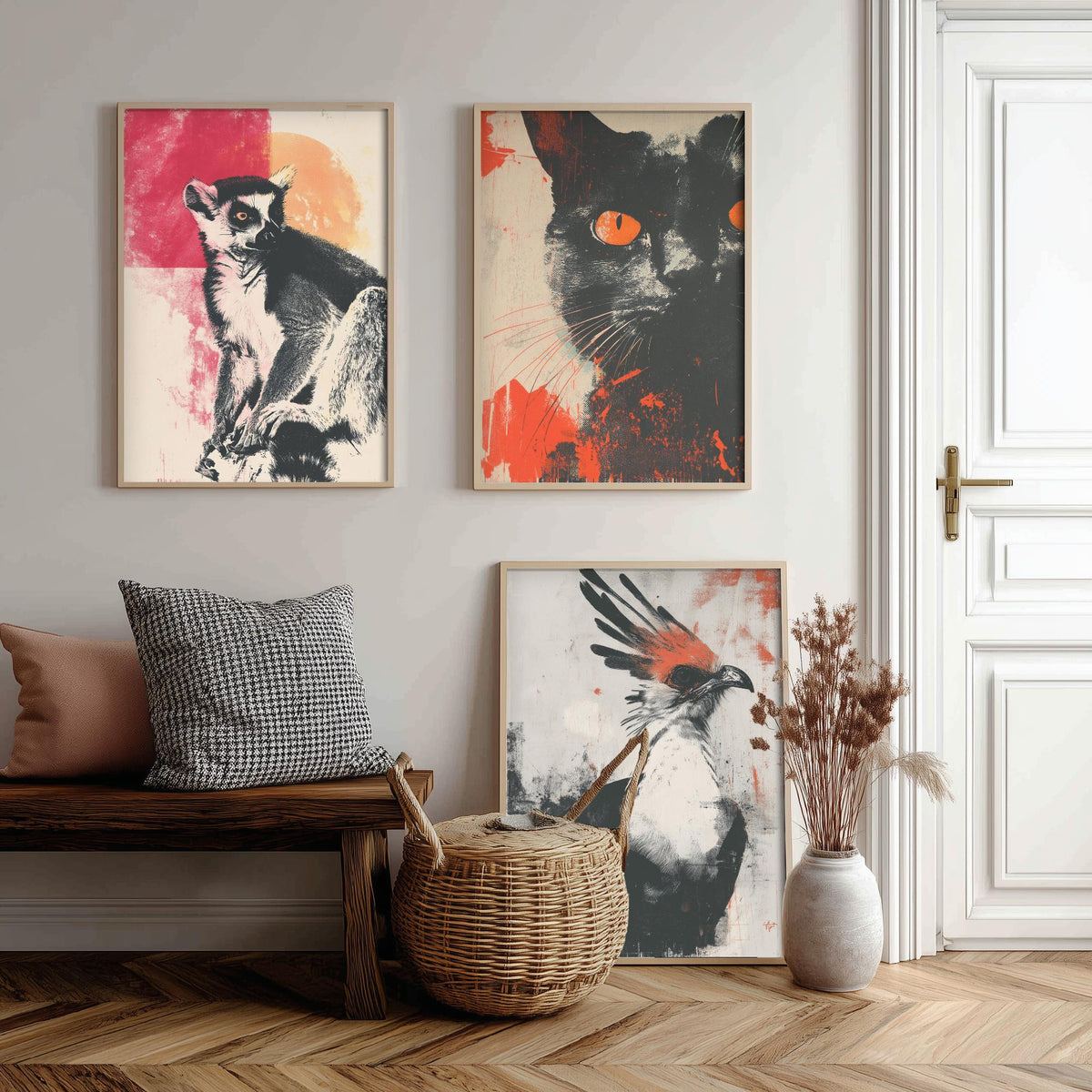 Flow Set of Three Art Prints - 3 Lemur Cat Secretary Bird Screen Print Posters - Retro Animal Wall Art Gift Illustration