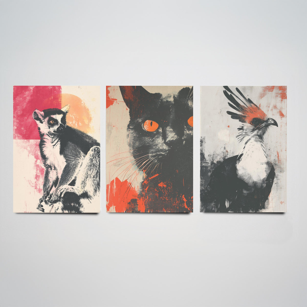 Flow Set of Three Art Prints - 3 Lemur Cat Secretary Bird Screen Print Posters - Retro Animal Wall Art Gift Illustration