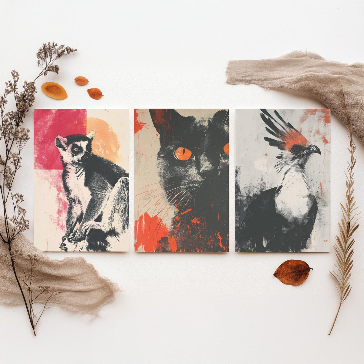 Flow Set of Three Art Prints - 3 Lemur Cat Secretary Bird Screen Print Posters - Retro Animal Wall Art Gift Illustration