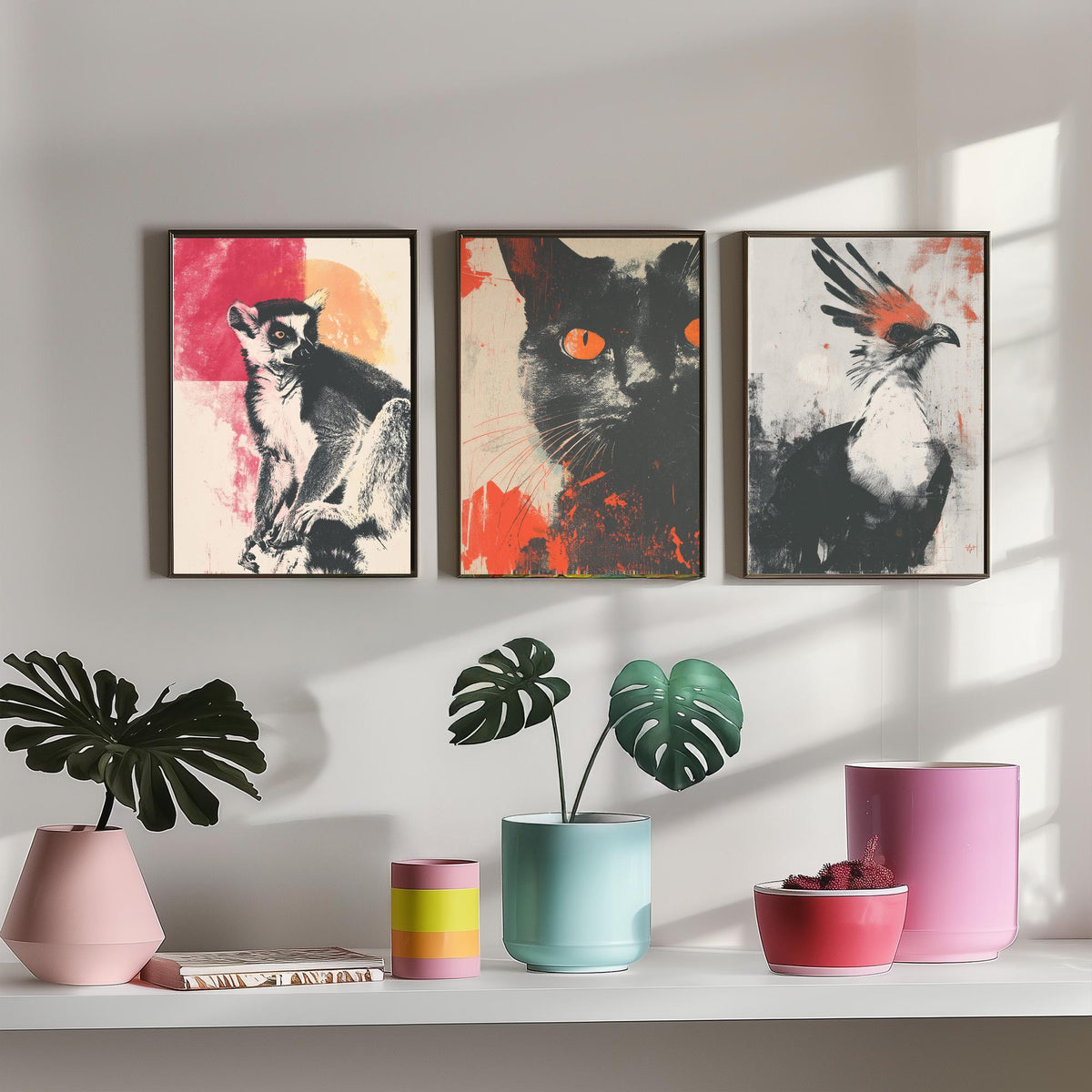 Flow Set of Three Art Prints - 3 Lemur Cat Secretary Bird Screen Print Posters - Retro Animal Wall Art Gift Illustration